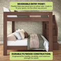 Durable brown plywood loft bunk bed with reversible staircase, built-in storage stairs and space-saving design for adults