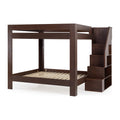 Dark brown wooden loft bed frame with slatted mattress platform and built-in storage staircase shelves, modern space-saving bedroom furniture