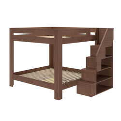 Modern brown wooden bunk bed with built-in staircase storage and open shelving, space-saving bedroom furniture