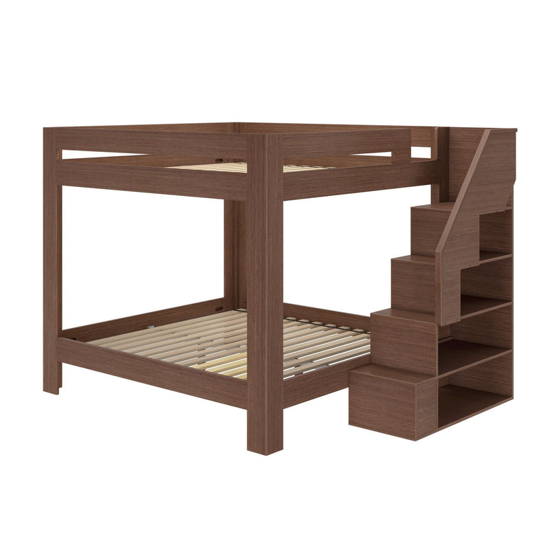 Modern brown wooden bunk bed with built-in staircase storage and open shelving, space-saving bedroom furniture