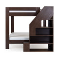 Dark wood bunk bed with integrated staircase and built-in shelves — modern space-saving loft bed with white mattress