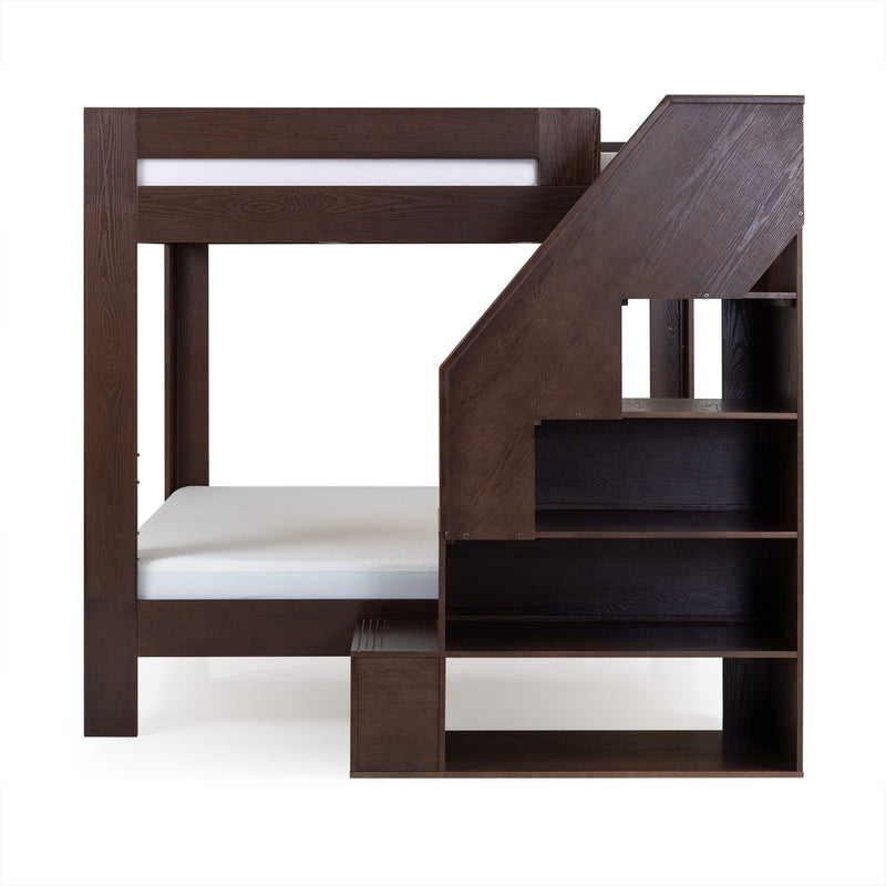 Dark wood bunk bed with integrated staircase and built-in shelves — modern space-saving loft bed with white mattress