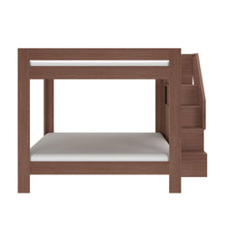 Modern walnut-finish wooden bunk bed with built-in staircase and white mattresses, space-saving bedroom furniture