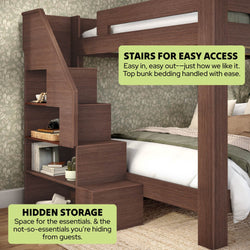 Dark walnut bunk bed with integrated staircase and hidden storage cubbies — space-saving wooden bedroom furniture