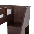 Close-up of dark brown wooden bunk bed ladder and guardrail with built-in storage steps and white mattress edge