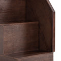 Close-up of dark brown wood furniture showing textured wood grain and corner shelf detail