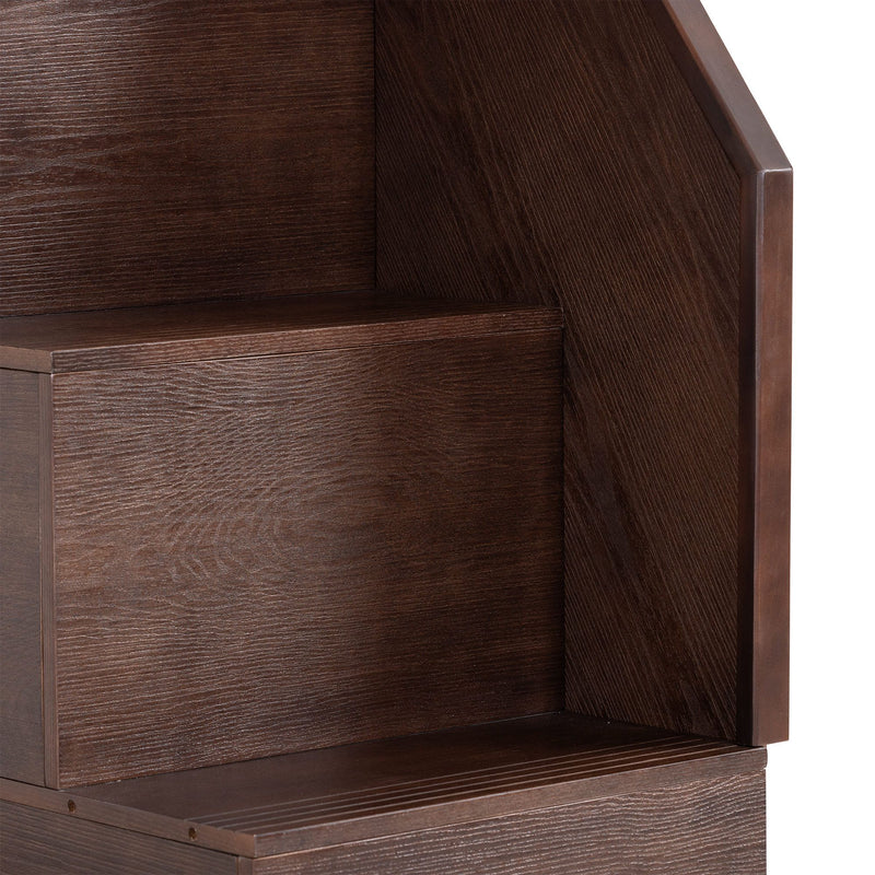Close-up of dark brown wood furniture showing textured wood grain and corner shelf detail
