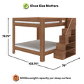 Twin-over-full wooden bunk bed with built-in staircase storage in walnut finish, modern loft design, 72.75 in H x 102.75 in L x 78 in W, 800 lb weight capacity per sleep surface