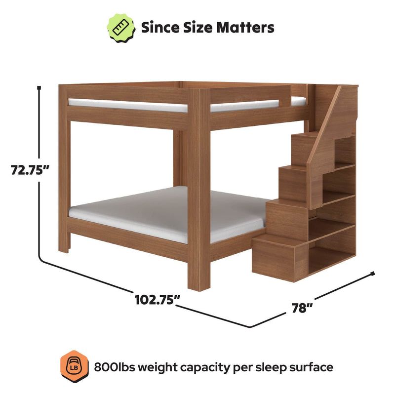 Twin-over-full wooden bunk bed with built-in staircase storage in walnut finish, modern loft design, 72.75 in H x 102.75 in L x 78 in W, 800 lb weight capacity per sleep surface