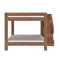 Modern space-saving wooden bunk bed with built-in staircase and storage, natural oak finish, minimalist kids bedroom furniture
