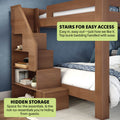 Space-saving wooden bunk bed with built-in staircase and hidden storage shelves, warm wood finish, kids' bedroom furniture