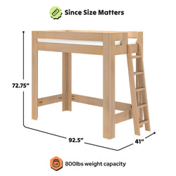 Light natural wood twin-size loft bed with angled ladder, 72.75" H x 92.5" L x 41" D, 800 lbs weight capacity, space-saving raised platform for under-bed storage