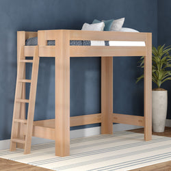Natural solid wood loft bed with ladder and twin mattress, open under-bed space in modern navy-blue bedroom