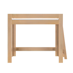 Front view of a light natural wood loft bed frame with angled ladder and safety rail, minimalist pine bunk bed frame on white background
