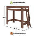Brown wooden loft bed with ladder and open under-bed space, dimensions 92.5 in L × 41 in W × 72.75 in H, 800 lb weight capacity, sturdy modern elevated wood loft bed for kids and adults
