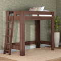 Modern walnut twin loft bed frame with angled ladder, solid wood space-saving elevated bed in bedroom with green floral wallpaper and jute rug
