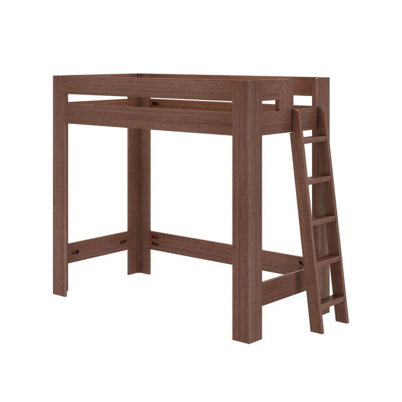 Walnut-finish wooden loft bed frame with ladder, twin space-saving elevated platform bed ideal for small bedrooms and studio apartments