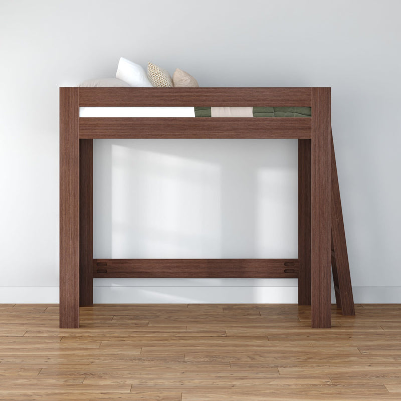 Modern walnut loft bed frame with ladder — solid wood, space-saving elevated bed with mattress and pillows on hardwood floor