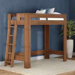 Solid wood twin loft bed with angled ladder and oak finish against navy wall, modern space-saving bedroom with potted plant