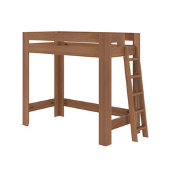 Natural wood loft bed frame with side ladder, elevated platform bed with guard rails and open space underneath for desk or storage