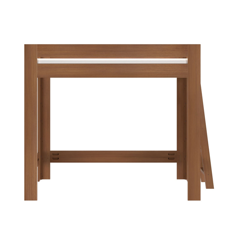 Minimalist brown wooden table frame with open lower shelf and angled support leg on white background, modern furniture