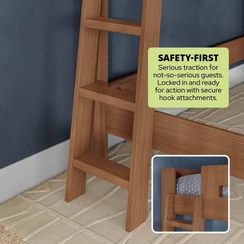 Close-up of a warm wood-finish bunk bed ladder with wide anti-slip rungs and secure hook attachments for safety, shown leaning against a blue wall on a textured rug.