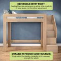 Space-saving natural wood loft bed with reversible staircase placement on either side, durable plywood construction engineered for adult strength and stability