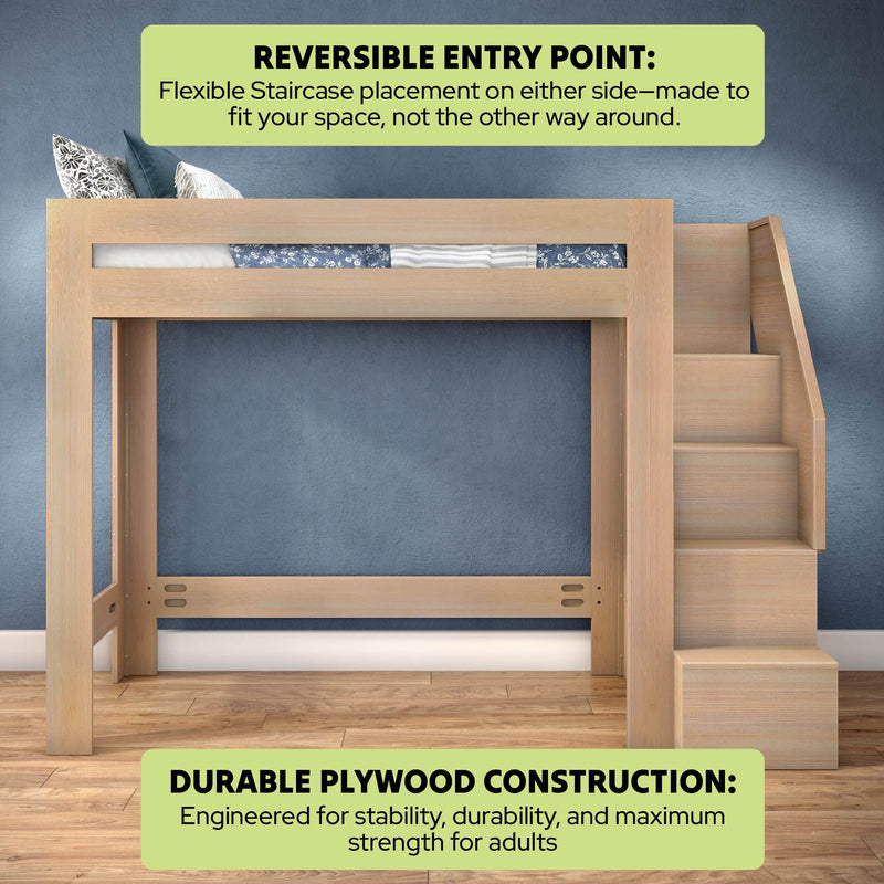 Space-saving natural wood loft bed with reversible staircase placement on either side, durable plywood construction engineered for adult strength and stability