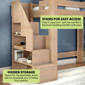 Modern light-wood loft bunk bed with staircase featuring built-in storage shelves and hidden compartments — space-saving children's bedroom furniture, stairs with storage