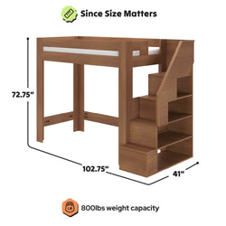 Brown wood-grain loft bed with built-in staircase and open shelving storage, 72.75" H x 102.75" L x 41" D, 800 lbs weight capacity, space-saving bedroom furniture