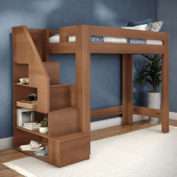 Modern wooden loft bed with built-in staircase and open storage shelves, space-saving bedroom furniture against a blue textured wall with potted plant and hardwood floor