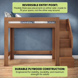 Wood loft bed with right-side staircase, durable plywood construction, reversible entry point and space-saving elevated design engineered for adult stability.