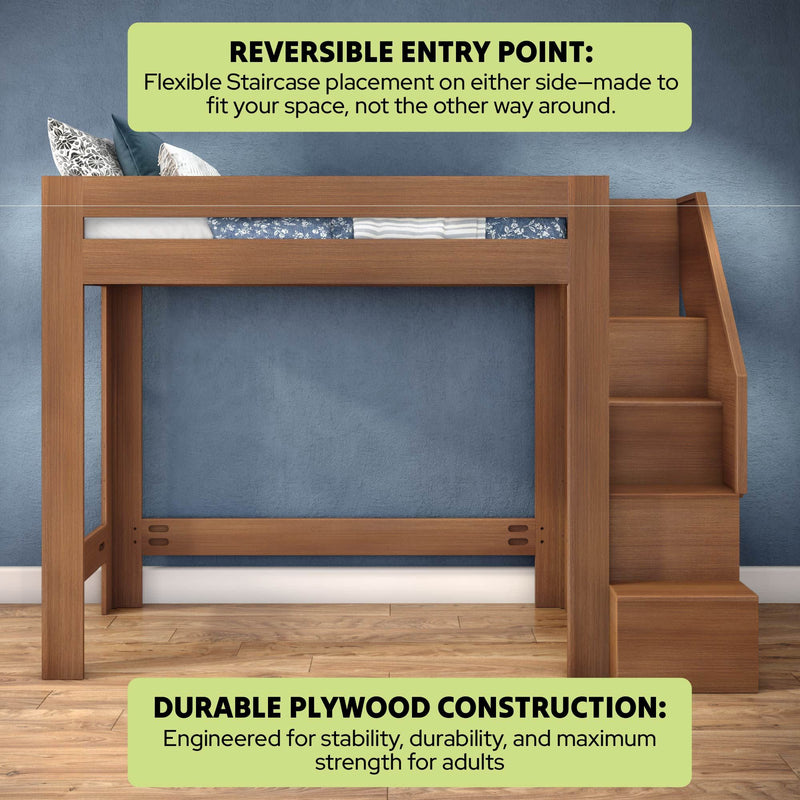 Wood loft bed with right-side staircase, durable plywood construction, reversible entry point and space-saving elevated design engineered for adult stability.