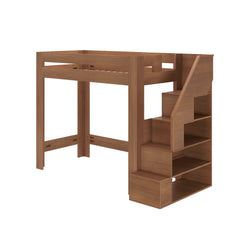 Brown oak loft bed with built-in staircase and open shelving, space-saving twin loft bed for kids' bedrooms and small spaces