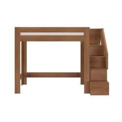 Walnut-finish wooden loft bed with built-in staircase and integrated storage drawers, space-saving modern design for kids' bedroom.