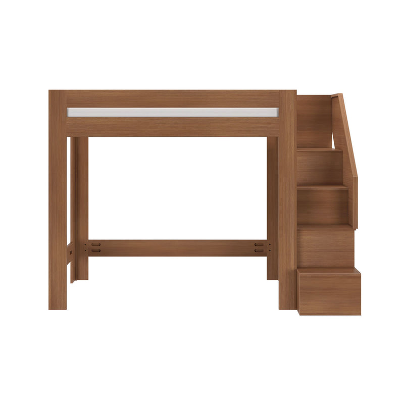 Walnut-finish wooden loft bed with built-in staircase and integrated storage drawers, space-saving modern design for kids' bedroom.