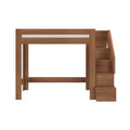 Walnut-finish wooden loft bed with built-in staircase and integrated storage drawers, space-saving modern design for kids' bedroom.