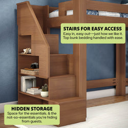 Wooden bunk bed stairs with built-in hidden storage shelves, space-saving loft bed staircase for kids' bedroom storing books, decor and essentials