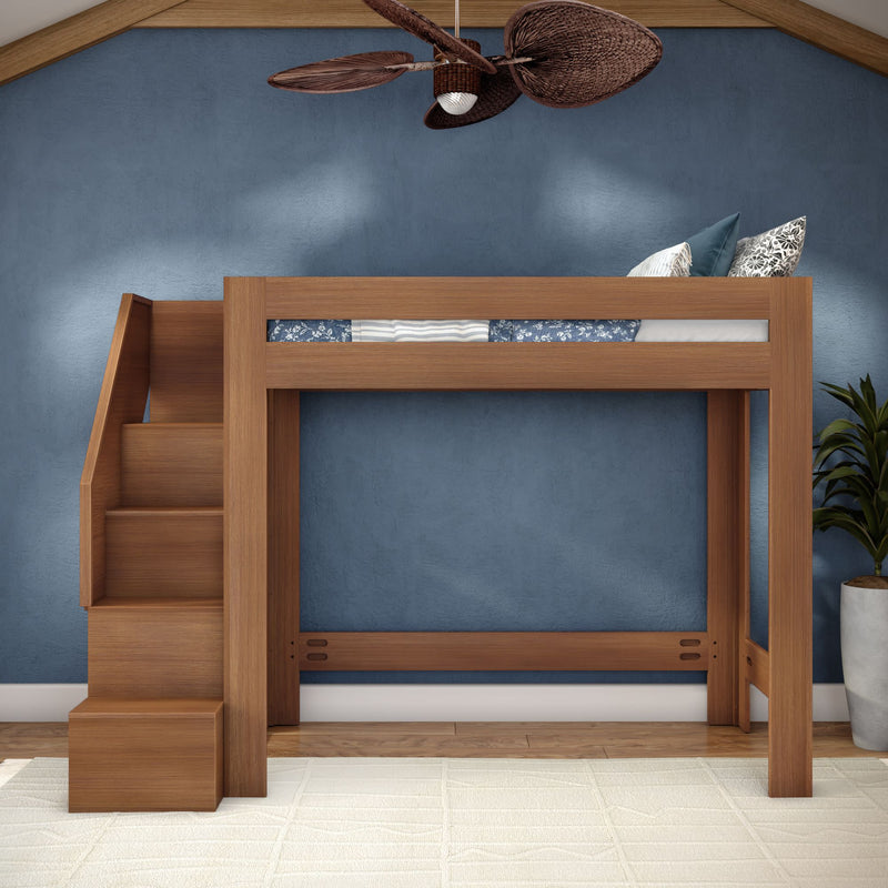 Space-saving solid wood loft bed with built-in staircase and storage, modern kids' bedroom design against blue textured wall with ceiling fan and potted plant