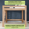 Natural wood loft bed with reversible ladder and durable plywood construction, space-saving elevated design for adults