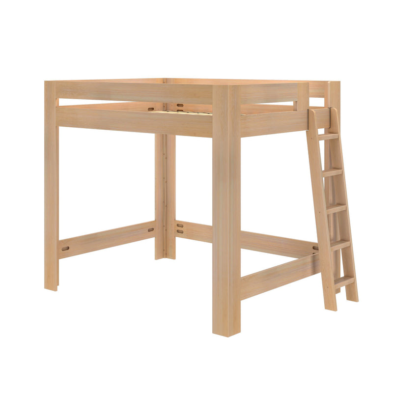 Light pine wooden loft bed with ladder — minimalist high-sleeper platform bed with sturdy frame and open under-bed space for storage or desk, ideal for kids' rooms and small apartments.