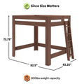 Dark walnut wooden loft bed frame with ladder and open under-bed space, heavy-duty 800 lb weight capacity, dimensions 92.5 in L x 62.25 in W x 72.75 in H