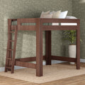 Walnut solid wood twin loft bed with ladder, raised platform and open under-bed space in modern bedroom setting