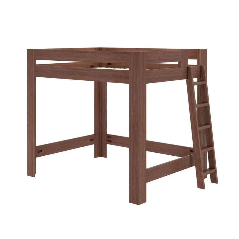 Modern walnut-finish wooden loft bed frame with ladder and safety rails, space-saving design