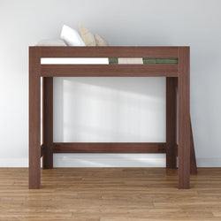 Dark walnut wooden twin loft bed with guardrail and side ladder over open space for desk or storage, modern raised bed frame on hardwood floor