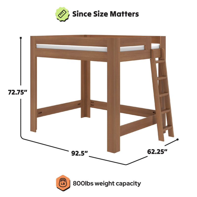 Wooden twin loft bed with ladder and guardrails, space-saving elevated design, dimensions 92.5 in L × 62.25 in W × 72.75 in H, 800 lb weight capacity, natural wood finish