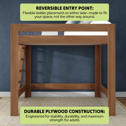 Modern wooden loft bed with durable plywood construction, reversible ladder placement, sturdy adult-strength frame, space-saving elevated bed in walnut finish