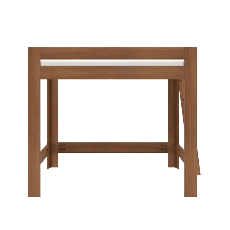 Front view of brown wooden loft bed frame with angled ladder and slatted guardrail, solid wood finish, twin size