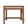 Front view of brown wooden loft bed frame with angled ladder and slatted guardrail, solid wood finish, twin size