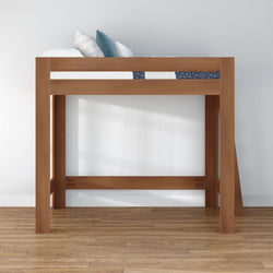 Solid wood twin loft bed in oak with mattress and pillows, modern space-saving children's bedroom furniture on hardwood floor